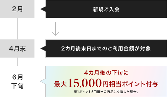 2月 新規ご入会 アプリログイン+ショッピング利用 4月末 2カ月後末日までのご利用金額が対象 6月下旬 4カ月後の下旬に最大15,000円相当ポイント付与 ※1ポイント5円相当の商品に交換した場合。