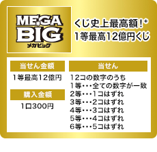 メガビッグ くじ史上最高額!* 1等最高12億円くじ 当せん金額 1等最高12億円 購入金額 1口300円 当せん 12コの数字のうち 1等・・・全ての数字が一致 2等・・・1コはずれ 3等・・・2コはずれ 4等・・・3コはずれ 5等・・・4コはずれ 6等・・・5コはずれ