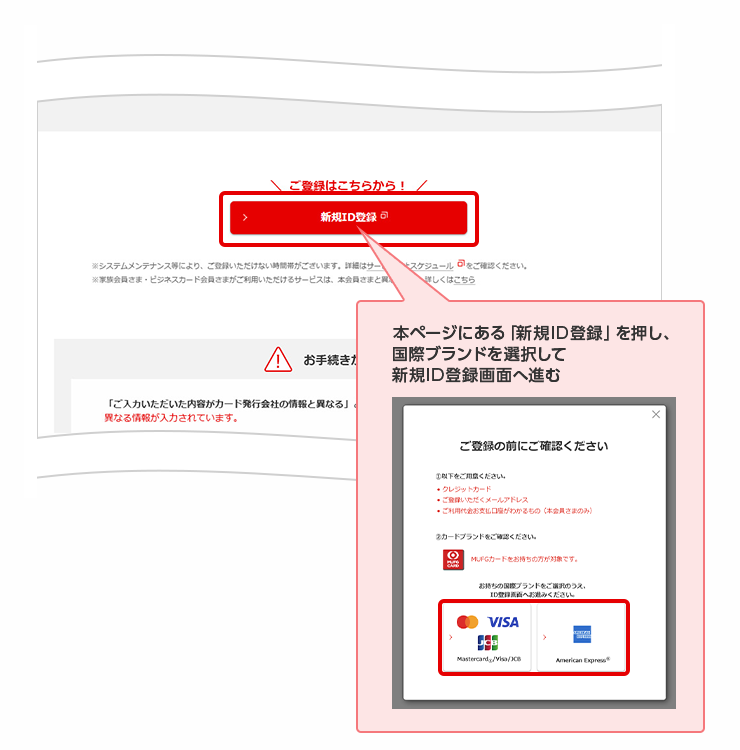 本ページにある「新規ID登録」を押し、国際ブランドを選択して新規ID登録画面へ進む